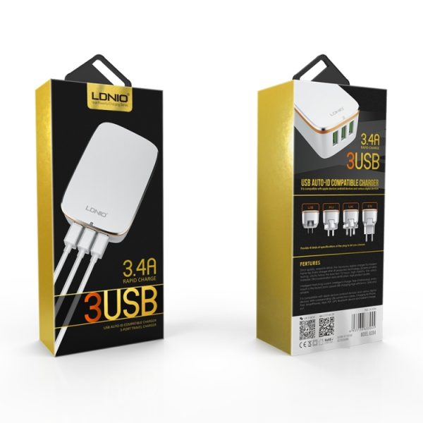 LDNIO A3304 17W 3 USB-interfaces Reislader Oplader voor mobiele telefoons,, US Plug, EU Plug, UK Plug, AU Plug