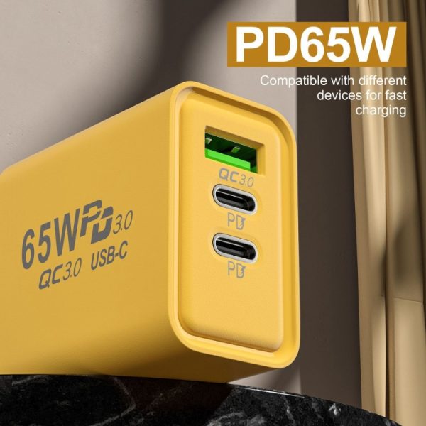 65 W galliumnitride USB + Type-C snellaadoplader, EU Plug, US Plug