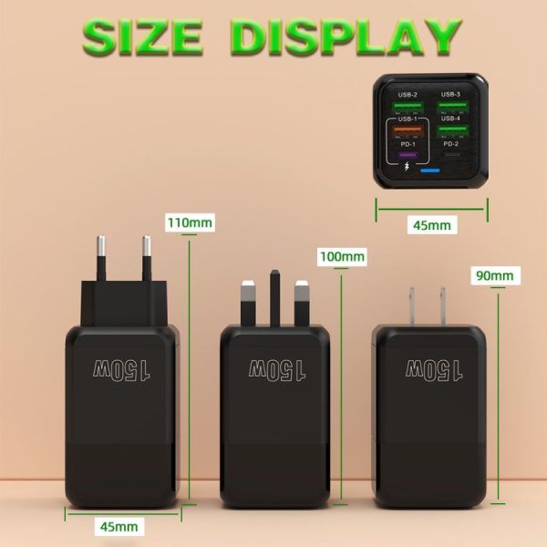 150 W 4 x USB + 2 x USB-C / Type-C snellader met meerdere poorten, EU Plug, US Plug, UK Plug, AU Plug