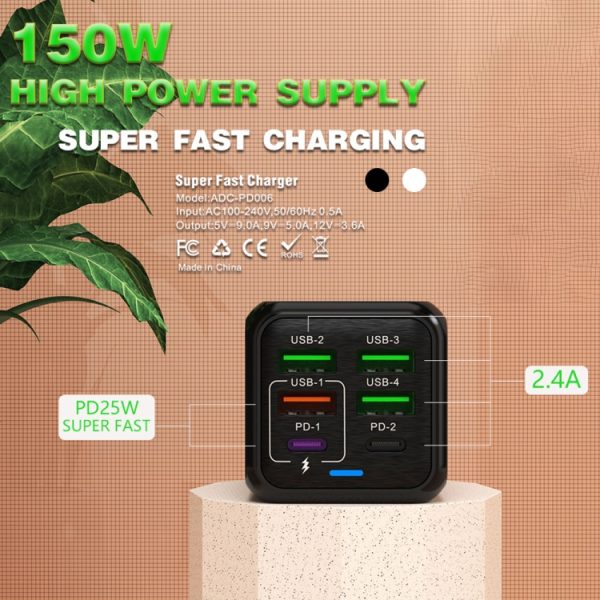 150 W 4 x USB + 2 x USB-C / Type-C snellader met meerdere poorten, EU Plug, US Plug, UK Plug, AU Plug
