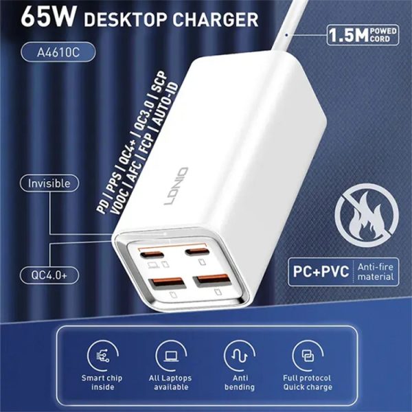 LDNIO A4610C PD65W Dual USB-C / Type-C + Dual USB snellader, kabellengte: 1,5 m, EU Plug·, A4610C (UK Plug), US Plug