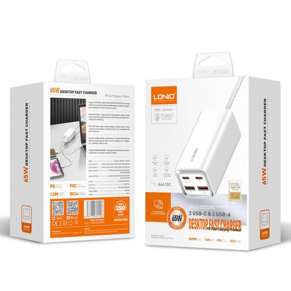 LDNIO A4610C PD65W Dual USB-C / Type-C + Dual USB snellader, kabellengte: 1,5 m, EU Plug·, A4610C (UK Plug), US Plug