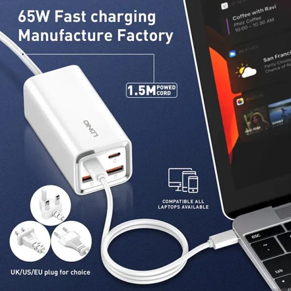 LDNIO A4610C PD65W Dual USB-C / Type-C + Dual USB snellader, kabellengte: 1,5 m, EU Plug·, A4610C (UK Plug), US Plug