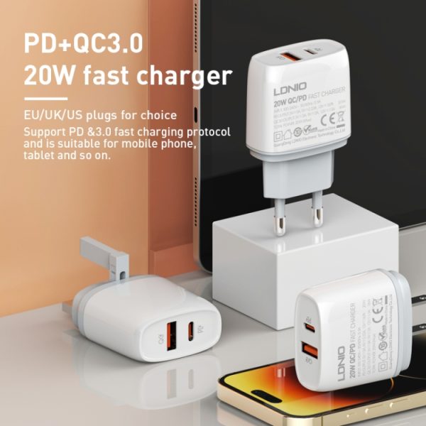 LDNIO Q229 QC3.0 / PD20W USB + Type-C snellader met 1m Type-C naar Type-C kabel, EU Plug, UK Plug, US Plug