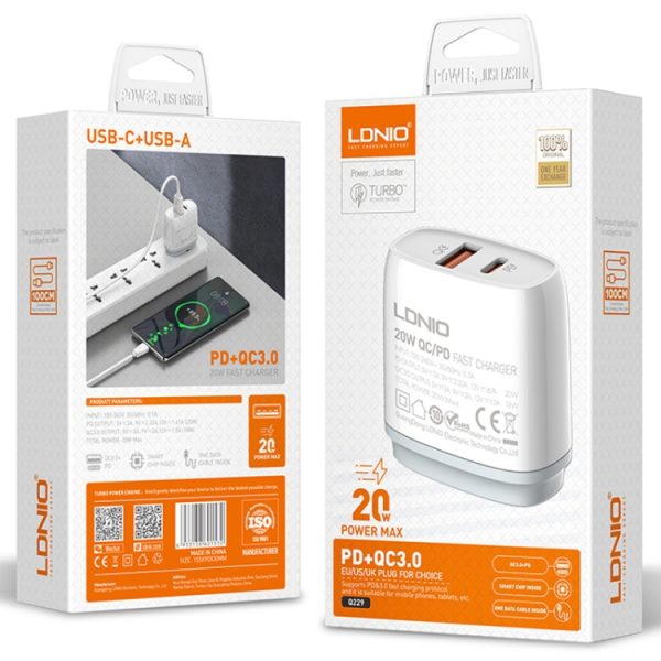 LDNIO Q229 QC3.0 / PD20W USB + Type-C snellader met 1m Type-C naar Type-C kabel, EU Plug, UK Plug, US Plug