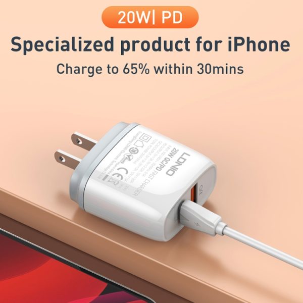 LDNIO Q229 QC3.0 / PD20W USB + Type-C snellader met 1m Type-C naar Type-C kabel, EU Plug, UK Plug, US Plug