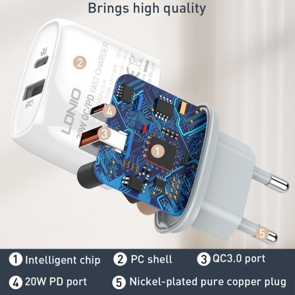 LDNIO Q229 QC3.0 / PD20W USB + Type-C snellader met 1m Type-C naar Type-C kabel, EU Plug, UK Plug, US Plug