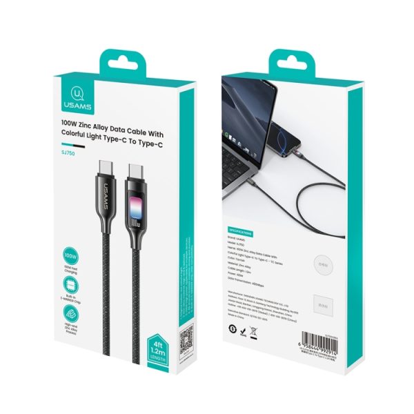 USAMS SJ750 100W Type-C / USB-C naar Type-C / USB-C zinklegering datakabel met kleurrijk licht, Type-C to Type-C