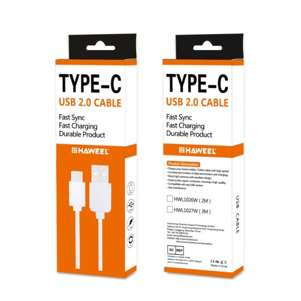 HAWEEL 2 m USB-C / Type-C naar USB 2.0 data- en oplaadkabel, Type-C 2m