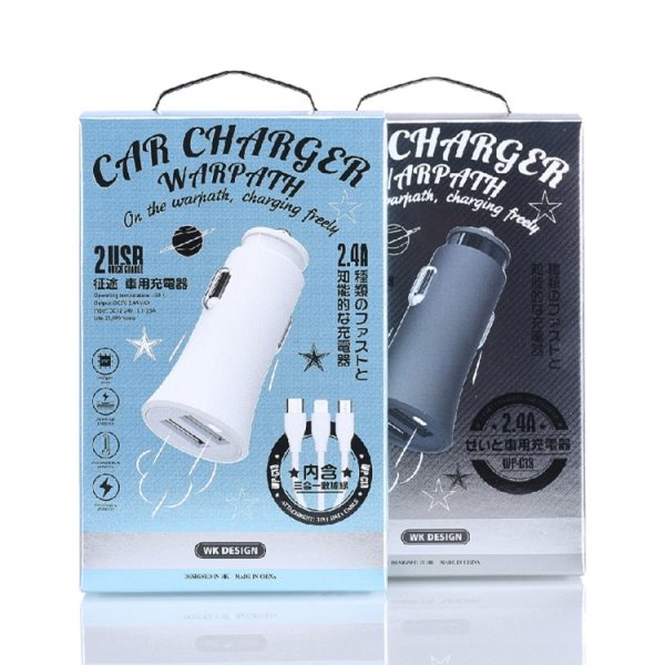 WK WP-C13 2.4A Warpath dubbele USB-autolader met USB naar 8-pins / micro USB / Type-C datakabel, WP-C13 with Cable (Black), WP-C13 with Cable (White)