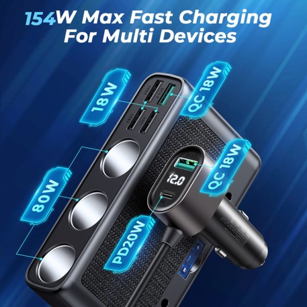 JOYROOM JR-CL06 9 in 1 154W PD USB-C / Type-C + Dual QC3.0 USB + 3 USB + 3 sigarettenaanstekergaten Digitaal display Autolader, JR-CL06
