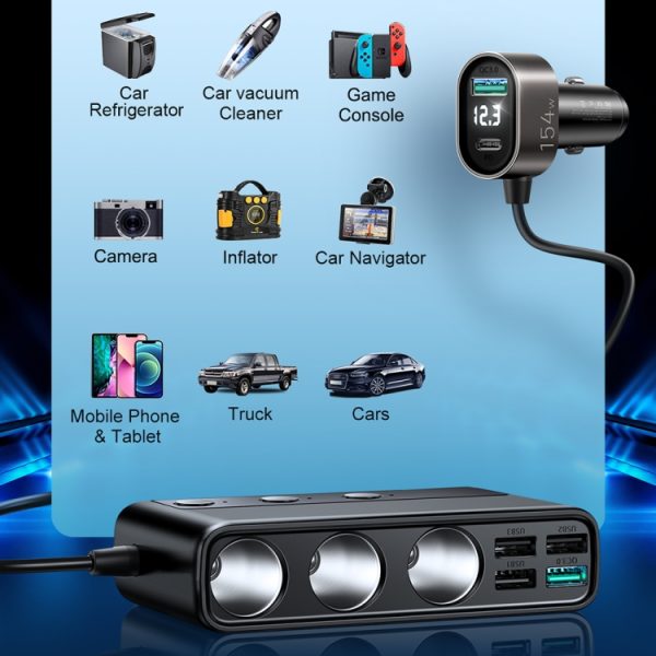 JOYROOM JR-CL06 9 in 1 154W PD USB-C / Type-C + Dual QC3.0 USB + 3 USB + 3 sigarettenaanstekergaten Digitaal display Autolader, JR-CL06