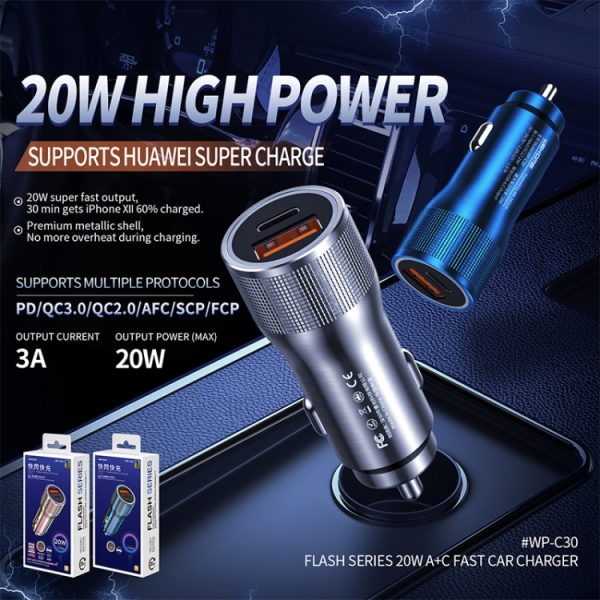 WK WP-C30 20W QC3.0 USB + PD UB-C / Type-C Interface Flash-serie Autosnellader, WP-C30 (Blue), WP-C30 (Silver)