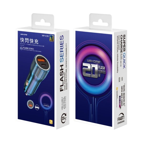 WK WP-C30 20W QC3.0 USB + PD UB-C / Type-C Interface Flash-serie Autosnellader, WP-C30 (Blue), WP-C30 (Silver)
