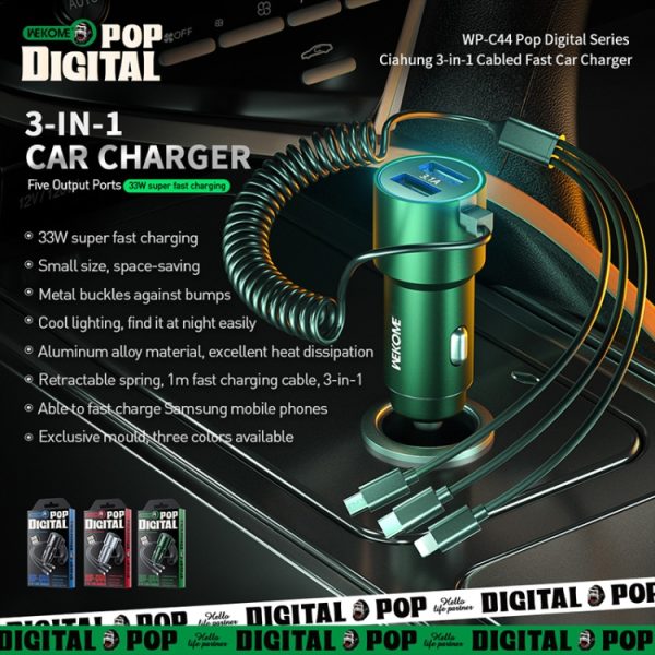 WK WP-C44 Pop digitale serie Ciahang 3-in-1 bekabelde 33W dual-USB snelle autolader, WP-C44 (Black), WP-C44 (Green), WP-C44 (Silver)