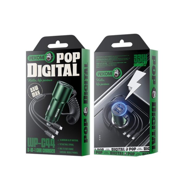 WK WP-C44 Pop digitale serie Ciahang 3-in-1 bekabelde 33W dual-USB snelle autolader, WP-C44 (Black), WP-C44 (Green), WP-C44 (Silver)