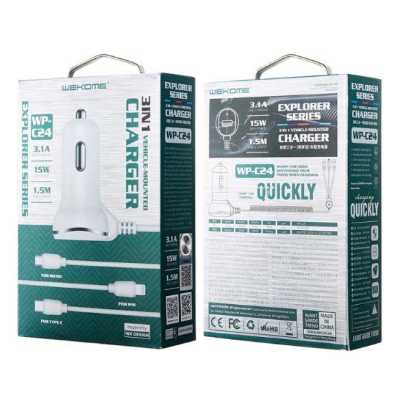 WK WP-C24 3.1A Ontdek de 3-in-1 gratis editie 8-pins / micro-USB / USB-C / Type-C datakabel + USB-autolader, WP-C24