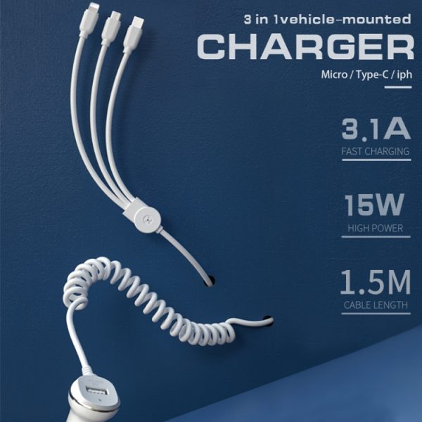 WK WP-C24 3.1A Ontdek de 3-in-1 gratis editie 8-pins / micro-USB / USB-C / Type-C datakabel + USB-autolader, WP-C24