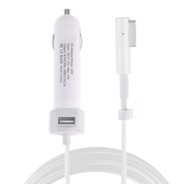 60W 5,1V 2,1A USB-interface autolader met 16,5V 3,65A L MagSafe-interface datakabel, 16.5V 3.65A L MagSafe