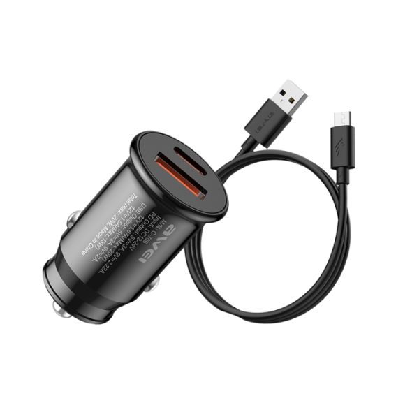 AWEI C-706 20W PD Type-C + QC 3.0 Type-A Autolader met CL-110T-gegevenskabel