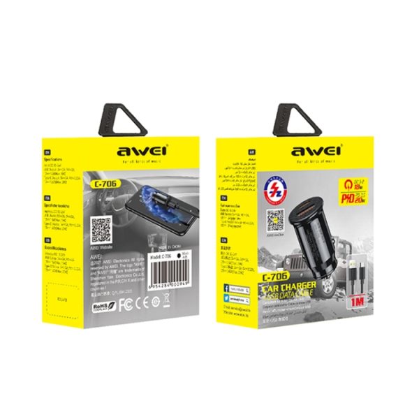 AWEI C-706 20W PD Type-C + QC 3.0 Type-A Autolader met CL-110T-gegevenskabel