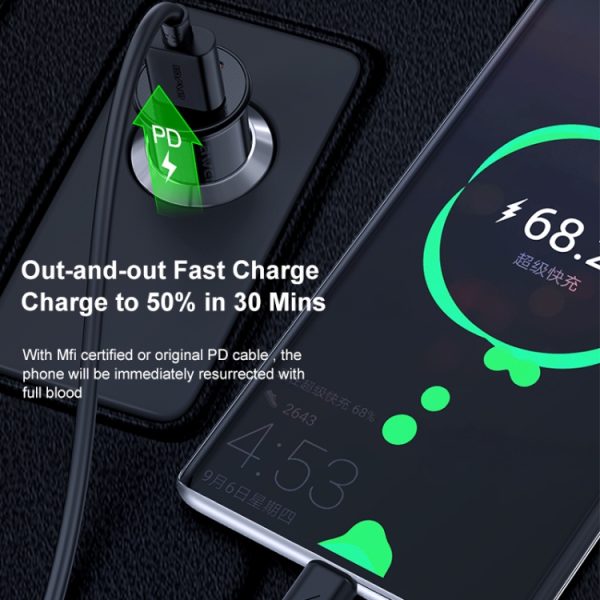 AWEI C-706 20W PD Type-C + QC 3.0 Type-A Autolader met CL-110T-gegevenskabel