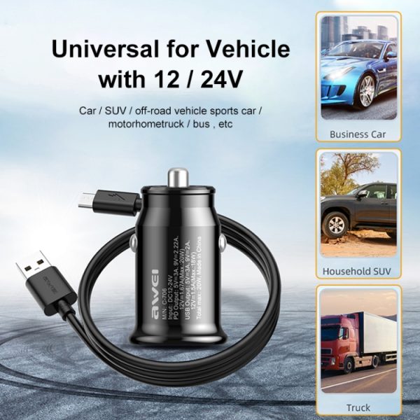 AWEI C-706 20W PD Type-C + QC 3.0 Type-A Autolader met CL-110T-gegevenskabel