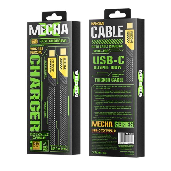 WK WDC-192 Mech-serie 100W USB-C/Type-C naar USB-C/Type-C snellaaddatakabel, lengte: 1m, USB-C/Type-C to USB-C/Type-C