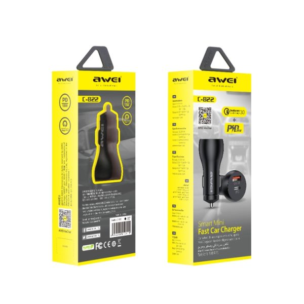 awei C-822 18W PD 8-pins + 18W QC 3.0 USB-interface autolader, C-822
