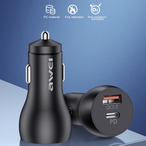 awei C-822 18W PD 8-pins + 18W QC 3.0 USB-interface autolader, C-822