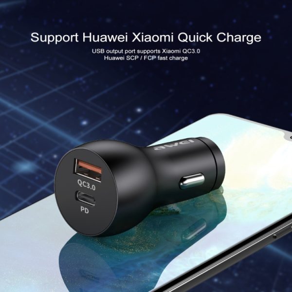 awei C-822 18W PD 8-pins + 18W QC 3.0 USB-interface autolader, C-822