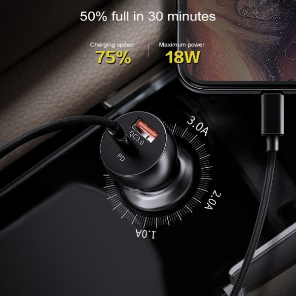 awei C-822 18W PD 8-pins + 18W QC 3.0 USB-interface autolader, C-822