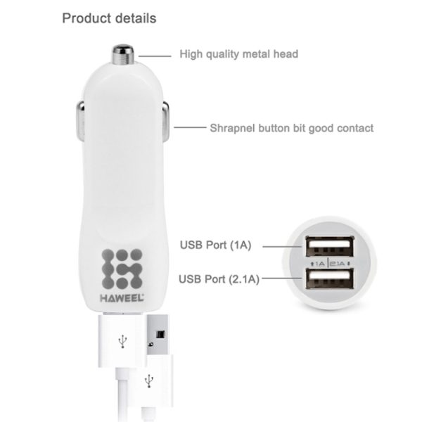 HAWEEL Hoge kwaliteit 2.1A + 1A dubbele USB-poorten autolader, HK Black, US  Black, US White, UK White, UK Black, White, Black