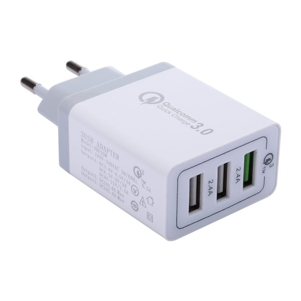 3 USB-poorten (3A + 2,4A + 2,4A) Snellader QC 3.0 reisoplader, EU-stekker, Voor iPhone, iPad, Samsung, HTC, Sony, Nokia, LG en andere smartphones