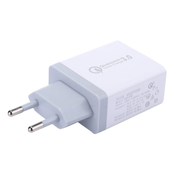 3 USB-poorten (3A + 2,4A + 2,4A) Snellader QC 3.0 reisoplader, EU-stekker, Voor iPhone, iPad, Samsung, HTC, Sony, Nokia, LG en andere smartphones
