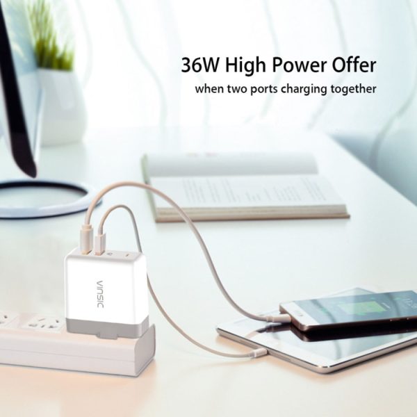 Vinsic 36W draagbare dual-poort snellader 3.0 Dual-poort USB-wandlader Reisadapter, Voor iPhone / iPad, Galaxy S7 / S6 / Edge / Plus, Mi5 enz., US Plug