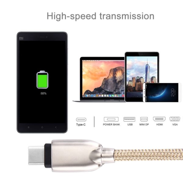 1M geweven metalen kop 108 koperen kernen USB-C / Type-C naar USB Data Sync oplaadkabel