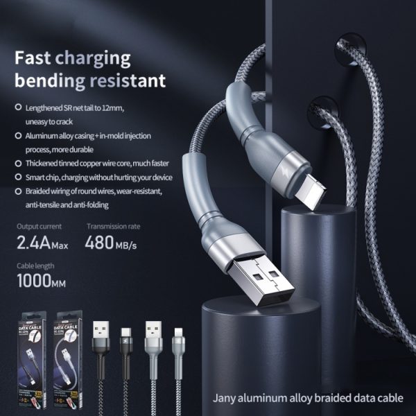 REMAX RC-124a 1 m 2,4 A USB naar USB-C / Type-C aluminium gevlochten snellaaddatakabel, Type-C