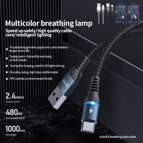 REMAX RC-152A 1 m 2,4 A USB naar USB-C / Type-C kleurrijke ademhalingsdatakabel, Type-C