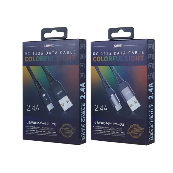 REMAX RC-152A 1 m 2,4 A USB naar USB-C / Type-C kleurrijke ademhalingsdatakabel, Type-C