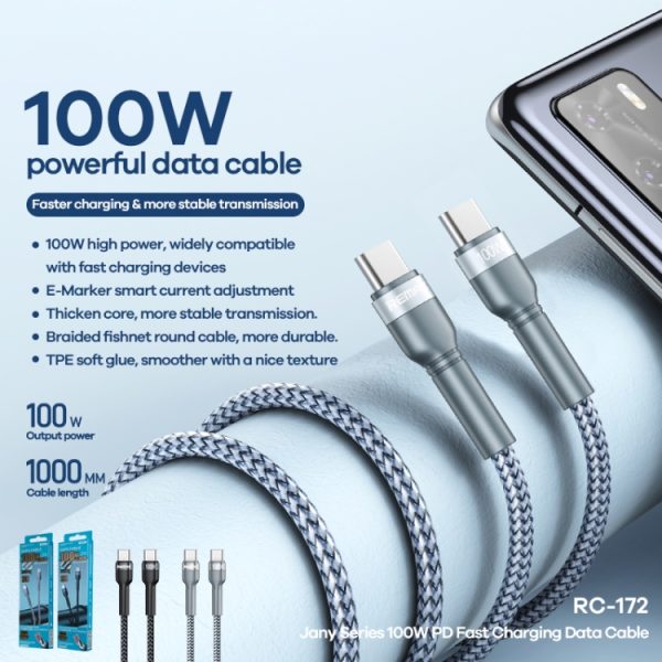 REMAX RC-172 Jany-serie 1 m PD100W Type-C naar USB-C / Type-C aluminium gevlochten snellaaddatakabel, Type-C to USB-C / Type-C