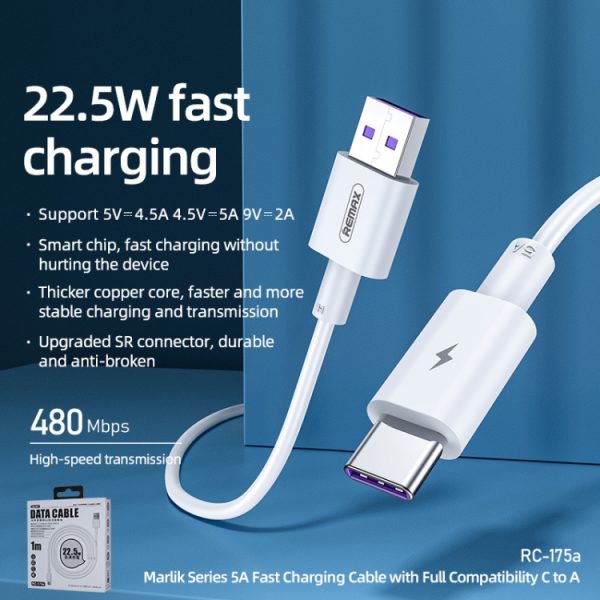 REMAX Marlik-serie RC-175a 22,5 W 5 A USB naar USB-C / Type-C-interface Volledig compatibele snellaaddatakabel, kabellengte: 1 m, 1m