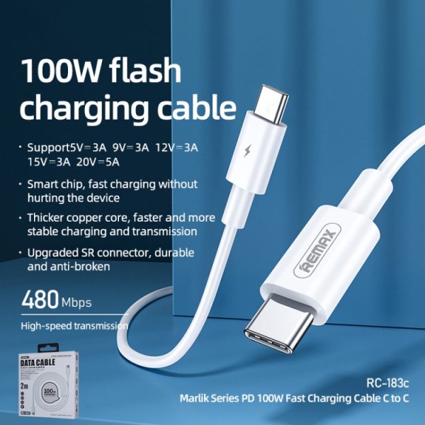 REMAX Marlik-serie RC-183c PD 100W USB-C / Type-C naar USB-C / Type-C-interface snellaaddatakabel, kabellengte: 2m, 2m