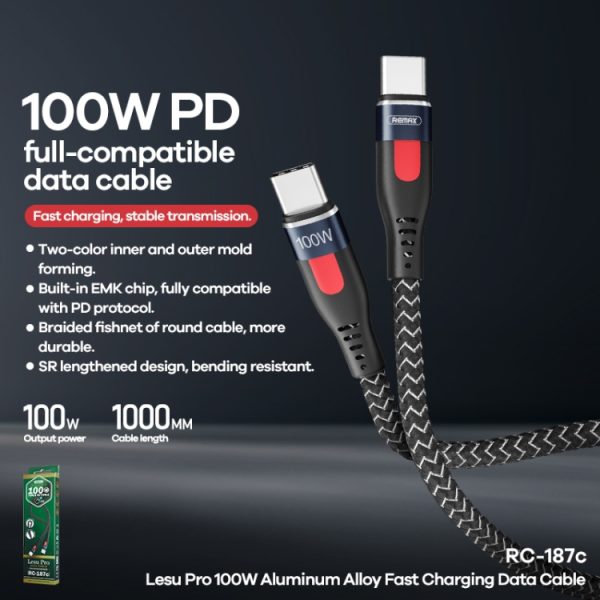 REMAX RC-187c Lesu Pro 1 m PD100W Type-C naar USB-C / Type-C aluminium gevlochten snellaaddatakabel, Type-C to USB-C / Type-C