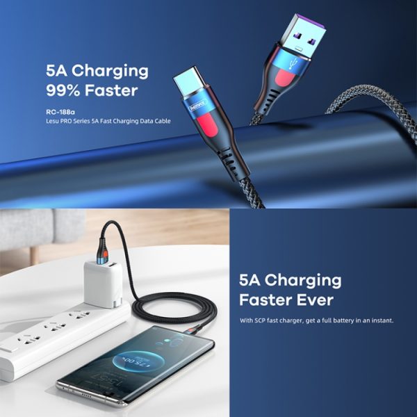 REMAX RC-188a Lesu Pro 1m 5A USB naar USB-C / Type-C aluminium gevlochten snellaaddatakabel, USB to USB-C / Type-C