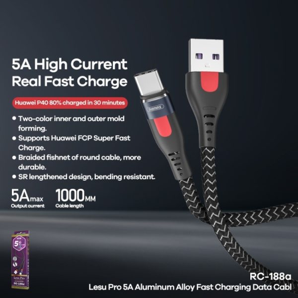 REMAX RC-188a Lesu Pro 1m 5A USB naar USB-C / Type-C aluminium gevlochten snellaaddatakabel, USB to USB-C / Type-C