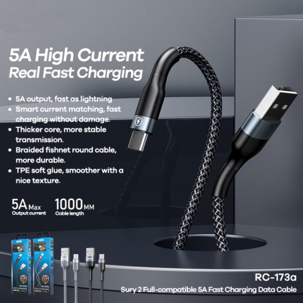REMAX RC-173a 5A USB naar USB-C / Type-C Sury 2 Volledig compatibele snellaaddatakabel, kabellengte: 1m, RC-173a