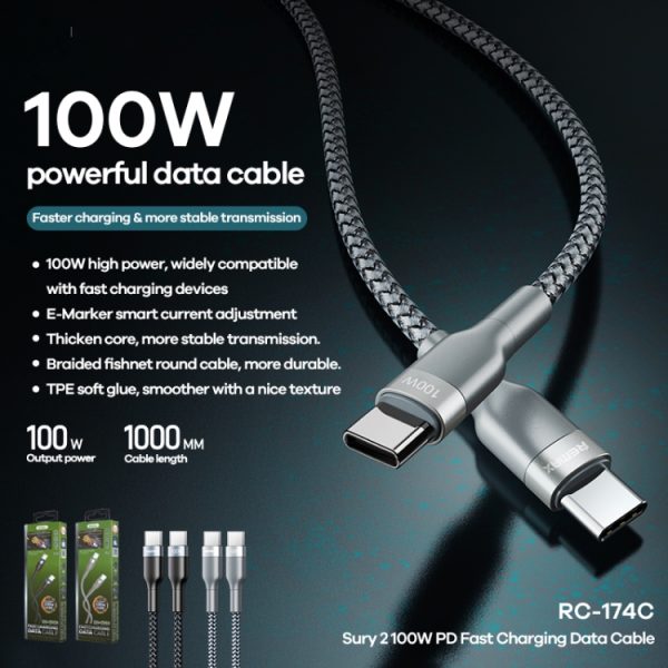 REMAX RC-174C PD 100W USB-C / Type-C naar USB-C / Type-C Sury 2 snellaaddatakabel, kabellengte: 1m, RC-174C