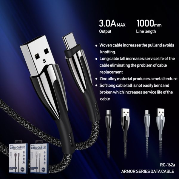 REMAX RC-162a Armor Series 3A USB naar USB-C / Type-C oplaadkabel, kabellengte: 1m, USB-C / Type-C