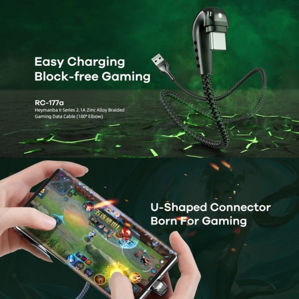 REMAX RC-177a Heymanba II 2.1A USB naar USB-C / Type-C 180 graden elleboog zinklegering gevlochten gaming-datakabel, kabellengte: 1m, RC-177a